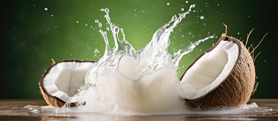 Canvas Print - Coconut cut in half with a milk splash Creative composition using coconut and milk