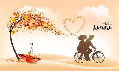 Poster - Autumn natural background with tree and flying colorful leaves gathered in the shape of a heart and silhouette. Vector.