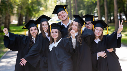 Wall Mural - Group of happy young people in graduation gowns outdoors. Students are walking in the park.