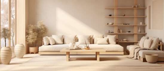 Sticker - Cozy interior in warm beige tones with a Japandi concept for a modern living room