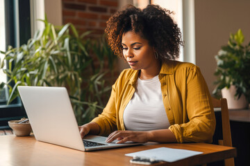 Full figured African American woman working from home on a laptop computer