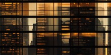 Glass Facade Of A Business Center With Reflection Of Skyscrapers And Evening Sunset. AI Generation 