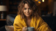 © Bentique - Gemütlicher Herbst Morgen: Junge Frau genießt eine Tasse Kaffee oder Tee in ihrem behaglichen und kuscheligen Zuhause. Warmgetränk. Frau hält Tasse. Kuscheln und entspannen Zuhause im Herbst.