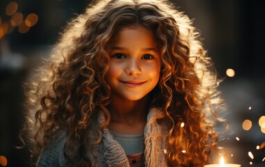 Little long curly hair girl with candle. Generative AI