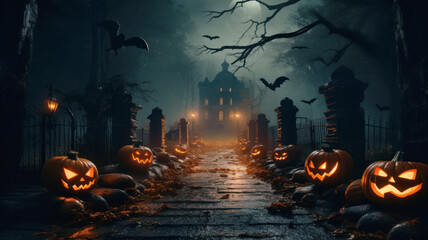 Wall Mural - Scary pumpkins on road to castle in dark forest on Halloween night