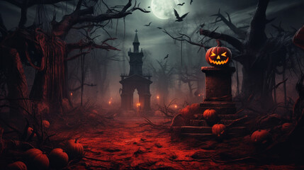 Wall Mural - gloomy forest with creepy trees and scary pumpkins on halloween night