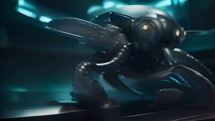 Wall Mural - A cybernetic octopus with robotic tentacles, each armed with razorsharp metallic tips and miniature thrusters for underwater agility.