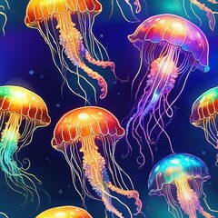 Wall Mural - vector background of jellyfish in neon color vector background of jellyfish in neon colors watercolor jellyfish seamless background. vector illustration.