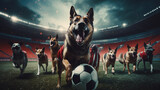 Fototapeta Sport - Group of dogs playing soccer in soccer stadium. Stadium full of people with flags. Dramatic lighting. Dark red color palette. Cinematic perspective. Soccer scenes. Front view.