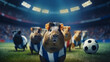Group of guinea pigs playing soccer in soccer stadium. stadium full of people with flags. Dark blue color palette. Cinematic perspective. Soccer scenes. Front view.