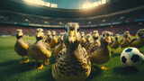 Fototapeta Fototapety sport - Group of ducks playing soccer in soccer stadium. stadium full of people with flags. Dark yellow color palette. Cinematic perspective. Soccer scenes. Front view.