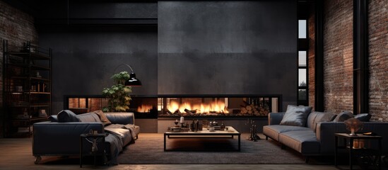 Sticker - Industrial style a dark loft with a fireplace in the living room