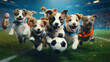 Group of dog puppies playing soccer in soccer stadium. stadium full of people with flags. Dark blue color palette. Cinematic perspective. Soccer scenes. Front view.