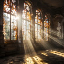 
Rays of bright light passing through the windows of an old abandoned castle. Beautiful home interior, gothic setting, natural light. Medieval cathedral style