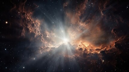 A striking view of a star , embedded within a dense cloud of interstellar gas and dust. Speckles of light peer through the dark veil, symbolizing the presence of dark energy, subtly Mod3f