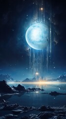 Wall Mural - a surreal image of an alien moon, dotted with colossal, floating landmasses. an ethereal glow emanat