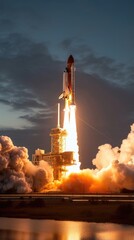 Wall Mural - a magnificent display of whitehot flames erupts from the launch pad as the rocket lifts off, defying