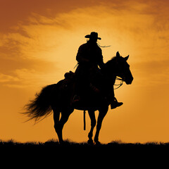 Cowboy riding a horse at sunset, silhouette only, side view, wild west americana style. Western concept