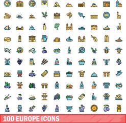 Canvas Print - 100 europe icons set. Color line set of europe vector icons thin line color flat on white
