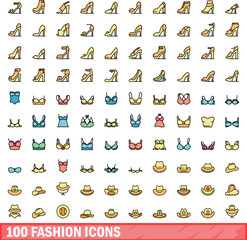 Poster - 100 fashion icons set. Color line set of fashion vector icons thin line color flat on white