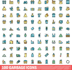 Poster - 100 garbage icons set. Color line set of garbage vector icons thin line color flat on white
