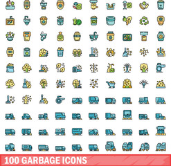 Poster - 100 garbage icons set. Color line set of garbage vector icons thin line color flat on white