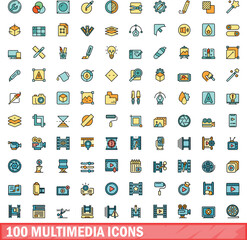 Poster - 100 multimedia icons set. Color line set of multimedia vector icons thin line color flat on white