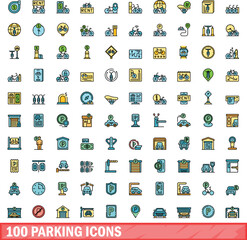 Poster - 100 parking icons set. Color line set of parking vector icons thin line color flat on white
