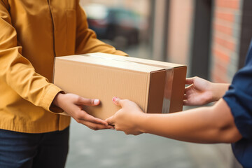 Close up shot of post man delivering package to a customer, post delivery