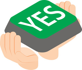 Poster - Yes sign icon isometric vector. Green button with inscription yes in human hand. Consent, approval