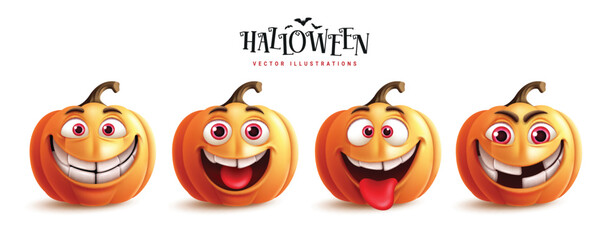 Poster - Halloween pumpkins vector set design. Pumpkins orange squash collection in cute, funny and horror facial expression isolated in white. Vector illustration halloween pumpkins collection.
