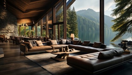 Wall Mural - interior of mountain house on a lake