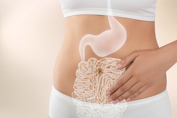 Sticker - Woman with healthy digestive system on light background, closeup. Illustration of gastrointestinal tract