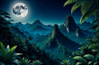 Tropical forest mountains landscape on full moon. Generative AI