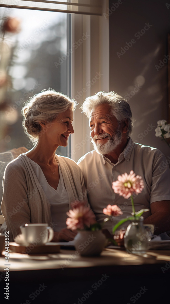old man and old woman a couple enjoying in company with relaxation, good health, next to a window a sunny day