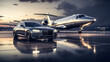 Luxury car on the tarmac with a private jet in the distance 