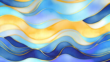 Wall Mural - Abstract water wave blue gold yellow background for copy space text. Golden teal happy sunny cartoon ocean pattern for travel, beach wedding party. Web mobile banner beauty wavy lines texture backdrop