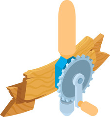 Poster - Repair equipment icon isometric vector. Old manual drill tool and wooden sign. Construction, repair, maintenance