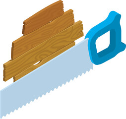 Poster - Carpentry tool icon isometric vector. Hand saw instrument and old wooden board. Woodworking, carpentry