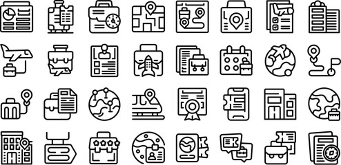 Poster - business trip icons set outline vector. airport trip. luggage man