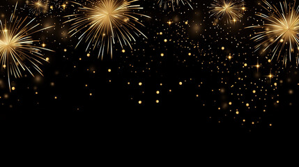 Card or banner for a happy new year in gold on a black background with fireworks. Generative Ai