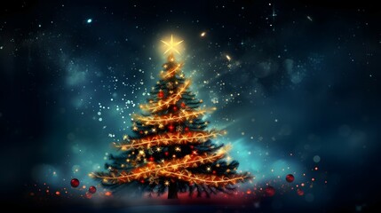 Wall Mural - christmas tree with lights, stars and snow