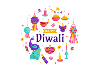 Wall Mural - Happy Diwali Hindu Vector Illustration with Indian Rangoli and Fireworks Background for Light Festival of India in Flat Kids Cartoon Design