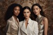 © SayLi - three beautiful female models standing next to each other at a fashion ad show, different ethnicity symbolizing diversity equality and equity. clean skin care tones. Generative AI