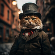 A Tabby Cat Dressed In A Suit And Top Hat 