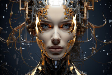 Female cyborg with golden metal gears and cogwheels