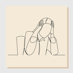 Wall Mural - Continuous line drawing of business woman in depression, stressed, and despair. Vector illustration