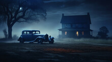 Old Car Parked In Front Of A Farm House Under Moon Light