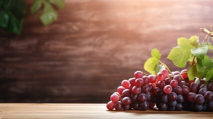 Poster - Generative AI : Closeup Red grapes fruit wooden background , blank space, sharp shadows
