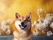 Generative AI : Happy shiba inu dog on yellow. Dogecoin. Red-haired Japanese dog smile portrait. Illuminating color, cryptocurrency, electronic money